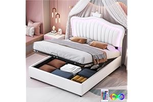 Racxily Letto per bambini con luci LED,letto contenitore idraulico,letto da principessa140x200cm, modanatura a corona,letto matrimoniale con contenitore,rete a doghe e schienale,PU,bianca