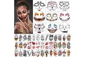 GABIZAFIA Tatuaggio Temporaneo Faccia Halloween 3D Per Uomini E Donne ， Adesivi Tatuaggio Falso Maschera Trucco Teschio Scheletro ， Fantasma Strega Zucca Lanterna Bat Jack Zibetto Gatto Piccolo Tatuaggio