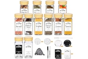 FNLLC Barattoli Cucina 12,Quadrato Barattoli per Spezie con Coperchi in Bambù,120ml Barattolo Vetro,Barattoli Spezie,Con Agitatore per Spezie,Imbuto,Etichetta e Gesso