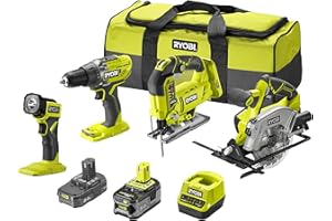Ryobi Combo 4 Narzędzia 18V One+ Wiertarko-Wkrętarka, Wyrzynarka, Piła Tarczowa, Lampa LED, Torba do Przenoszenia z 2 Bateriami 5 i 2 Ah i 1 Szybką Ładowarką, RCK184A-252S