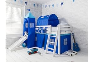 Noa and Nani Mid Sleeper Bunk Bed WHITE Pine Cabin bed with Slide + BLUE Design + Tunnel 6970WG-BLUE