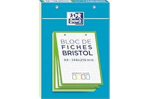 OXFORD Bloc de FICHES BRISTOL 2.0 Perforées 148x210mm Petits Carreaux 5x5mm 30 Fiches Cadre Vert