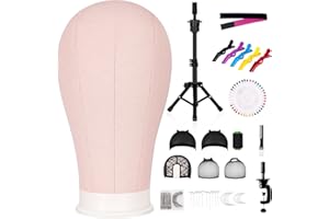 GHWMYD Cabeza de Peluca de 55 cm, Cabeza de Maniquí de Lona con 160 cm Soporte para Confección de Pelucas, Exhibición, Cabeza para Peinar con Abrazadera de Mesa,T-Pins,Gorro de Peluca, Rosa