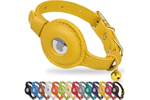 OOPSDOGGY AirTag Cat Collar with Bell - Non Breakaway Leather Kitten Collar with Apple Air Tag Holder - Lightweight Integrated GPS Pet Collars for Girl Boy Cats, Small Dogs, Puppies (Yellow)