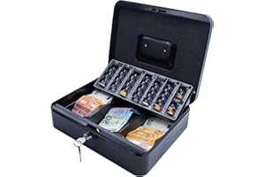 iggual - Tiroir Caisse Noir Résistant, Caisse à Monnaie pour les Magasins, Marchés, Écoles, 8 Compartiments Inclinés pour Pièces et 3 pour Billets, Poignée de Transport et Mousse de Sécurité, 2 Clés