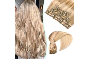 VINBAO Extension Clip Capelli Veri, Biondo Sporco Illuminato Biondo Candido Extension Capelli Veri Clip, 40cm Remy Umani Naturali Capelli Extension con Clip 100g 6pcs (#C18P613, 16'')