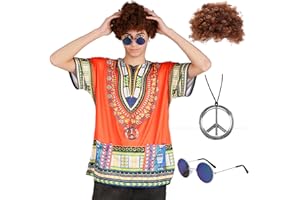 Moiuguli Disfraz Hippie Hombre, Años 60 y 70 Disfraz Hippie, Camisas Retro para Hombre, Gafas Hippies, Collar de la paz, Peluca para Hombre, Atuendo de Discoteca, Disfraz de Carnaval Mardi Gras