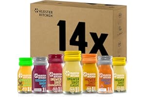 Calendario de Adviento DIY con relleno para adultos | Kloster Kitchen Bio Jengibre Shot Mix | 14 shots con 7 variedades de 30 ml con trozos de jengibre auténticos I vegano en botella de cristal