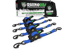 RHINO USA Einziehbare Spanngurte mit Ratsche (4-Pack) – 540 kg. Maximale Bruchfestigkeit garantiert, inklusive (4) Ultimate 2.5 cm x 3 m. Automatisch einziehbare Spanngurte mit gepolsterten Griffen - Blau