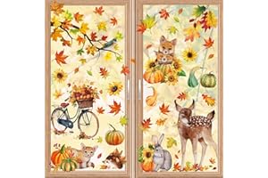 YIHELU 68 Pezzi Decorazioni Autunnali per Finestre, Adesivi 2 Lati con Foglie d'Acero e Animali (Volpe, Riccio) per Ringraziamento e Halloween-Decorazione Vetri Riutilizzabile Autoadesiva Senza Colla