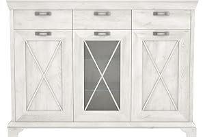 FORTE Kashmir Vitrine mit 2 Türen, 1 Glastür und 3 Schubladen, Holzwerkstoff, Pinie Weiß Dekor, 48,3 x 177,7 x 127,7 cm