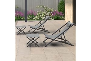 PURPLE LEAF Deck Chair Set of 2 with 2 Footstool, Folding Sun Lounger, Aluminum Portable Beach Chair with 6-Positions Adjustable, Support 160kg, Textilene for Garden and Outdoor, Light Grey