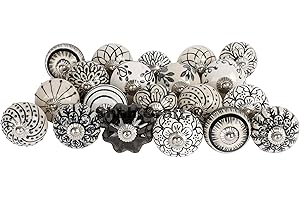 Shah Crafts. Black and White Ceramic Door Knobs, Set of 12 Premium Quality Assorted Designs Handmade Vintage, Shabby Chic, Interior Furniture, Cabinet Cupboard Wardrobe Drawers Pulls Handles