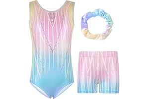 Hotfiary Gymnastics Leotards for Girls Long Sleeve/Sleeveless Sparkle Dance Leotard with Tumbling Gymnastics Shorts Ballet Dancewear for Kids 5-14 Years