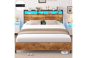 ‎BRINLAWB Brinlawb Bed 120 x 200 cm with LED Lighting and 2 USB + 2 AC Sockets, Metal Bed Frame 120 x 200 cm with Metal Frame and Wooden Headboard with Storage Space, Bed Frame Double Bed, Robust and Stable