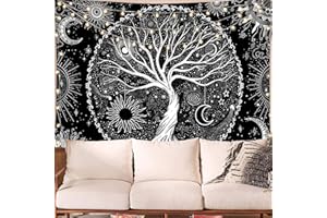 LOMOHOO Baum des Lebens Tapisserie Schwarz-Weiß-Sonne-Mond-Wandteppich Galaxy Space Tapisserie Schwarzer ästhetischer Tapisserie-Wandbehang für Schlafzimmer M/130cmx150cm
