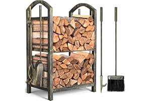 AMAGABELI GARDEN & HOME Amagabeli Estante para leña de Chimenea Estante de registro de Chimenea con 4 Herramientas de Chimenea 70x40x30cm Estante de leña Estufa de leña para Titular de Registro Conjunto Bronce Amarillo