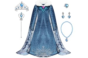 Monissy Regina Congelata Principessa Elsa Vestito Ragazza Blu Collare Bianca Velluto Manica Lunga Mantello Travestimento Chiffon Neve Stampa Compleanno Natale Carnevale