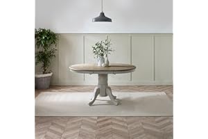 Furniturebox UK 4 to 6 Seat Solid Wood Round Extending Table - Padstow Light Grey & Limewash Effect Pedestal Extendable Dining Table - Traditional Classic Farmhouse Dining Furniture - 100% Rubberwood