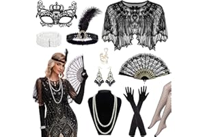 SEKEPINGO 1920s Accessories for Women Great Gatsby Flapper Shawl with Sequins 10 Pieces Accessories Set Peaky Blinders Costume with Headband Gloves Necklace Earrings Lace Fan for Party