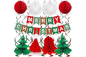 NETNOLOGY Red Green White Christmas Decoration Set, Merry Christmas Paper Ceiling Decoration with Banner Paper Hanging Snowflake Xms Tree Decor, Retro Vintage Honeycomb Xms Ornament for Home Wall Indoor Outdoor