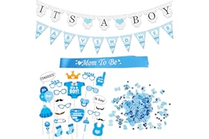 SROEESHEE Blue Baby Shower Decorations Boys - 46 Pieces Gender Reveal Decoration Kit It's a Boy Banner Mum to Be Sash, Confetti Photo Booth Props Bunting for Glitte Boy Birthday Party Supplies