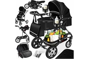 KESSER® Loops 4 in 1 Kinderwagen Kombikinderwagen Komplett-Set inkl. Babywanne & Buggy Sportsitz & Auto-Babyschale Voll-Gummireifen Wickeltasche Regenschutz Kindertisch ECE R129, Schwarz/Schwarz