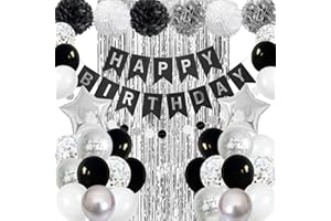JOBKOO Geburtstagsdeko Schwarz Mann Frauen Deko Geburtstag Schwarz Silber Weiß, Luftballons Geburtstag Schwarze Weiss Happy Birthday Banner Lametta Vorhang Party Deko für Jungen Mädchen Geburtstag Party Deko