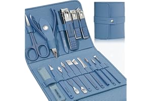 LEIPPLE Manicure Set Professional Nail Clippers Pedicure Kit, 16 pcs Stainless Steel Nail Care Tools Grooming Kit with Luxurious Travel Leather Case for Thick Nails Men Women Gift (Blue)