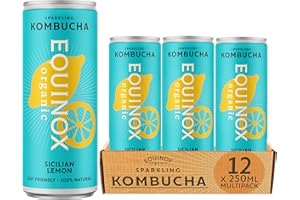Equinox Kombucha Sicilian Lemon (12 x 250ml) | Brewed in UK with SCOBY, Green Tea & Raw Cane Sugar | Sparkling Live Cultured Probiotic Drink for Gut Health | No Sweeteners & 100% Natural