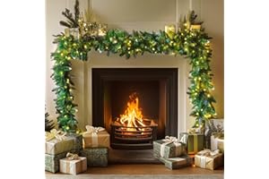 ZYNCOVE 33FT/10M Christmas Garland with Lights, Xmas Garlands for Stairs Fireplace Front Door Table Porch Arch Mantle Garden Gate staircase,Light Up Artificial Wreath Home Outdoor Decoration,200 LED Lights