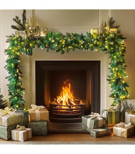 NALONE Pre-Lit Christmas Garland With Timer – 106 Inch Gold Garland With Pinecones & Balls, Battery Operated For Stairs, Door, Mantel