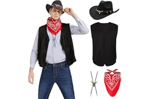 Firecos Costume da Cowboy per Uomo Cosplay con Gilet a Frange Cappello Bandana Collana Vintage per Carnevale Hippie Costume Set per Adulti