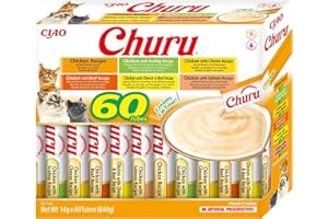 INABA Churu Snack per Gatti Cremoso in 4 Varietà al Pollo - 60 Stick x 14g - Cibo per Gatti da Leccare, Sano e Delizioso - Snack Gatto Senza Conservanti o Coloranti Artificiali, Grain-Free