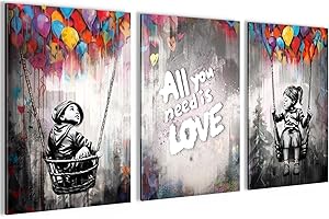 Novart Bilder Set Banksy Style Kinder - Kein Extra Rahmen benötigt - Wandbilder für Wohnzimmer Schlafzimmer Flur - 3 Teilig Deko Grau Bunt - N037436a