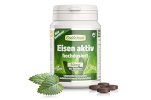 ‎GREENFOOD Eisen aktiv, hochdosiert, 50mg - 180 Tabletten, vegan. Eisenbisglycinat - gut verträglich - gegen Müdigkeit & Erschöpfung, Eisenmangel. OHNE künstliche Zusätze - laborgeprüft. Von Greenfood.