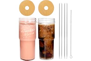 ANOTION Lot de 2 tasses en verre avec couvercles et pailles, tasse à café de voyage de 710 ml à large ouverture, pot Mason pour café glacé, smoothie, tasse à thé en verre transparent mignon