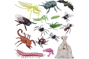 OOTSR 15 Pcs Large Plastic Insect Figures Toys Assorted Insect Bugs Includes Crickets Worms Spider for Children Education,Halloween Toys and Birthday Gifts with Drawstring Burlap Bag