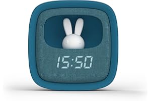MOB – MOBILITY ON BOARD Réveil et Veilleuse pour Enfant Billy Clock - Motif Lapin - Face Avant Tissu - Cadre Plastique Soft-Touch - Programmation de la Date, de l'Heure et de 3 Alarmes (Bleu)