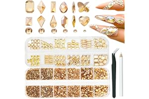 ALOCIAM 3600pcs Champagne Golden Strass Ongle Nail Art, Glass Cristal Cr Nail Charme Avec Scintillement Dos Plat Perles Rondes, Pierre Bijoux Diamant Nail Art (3600 Champagne doré fond en verre matériel)
