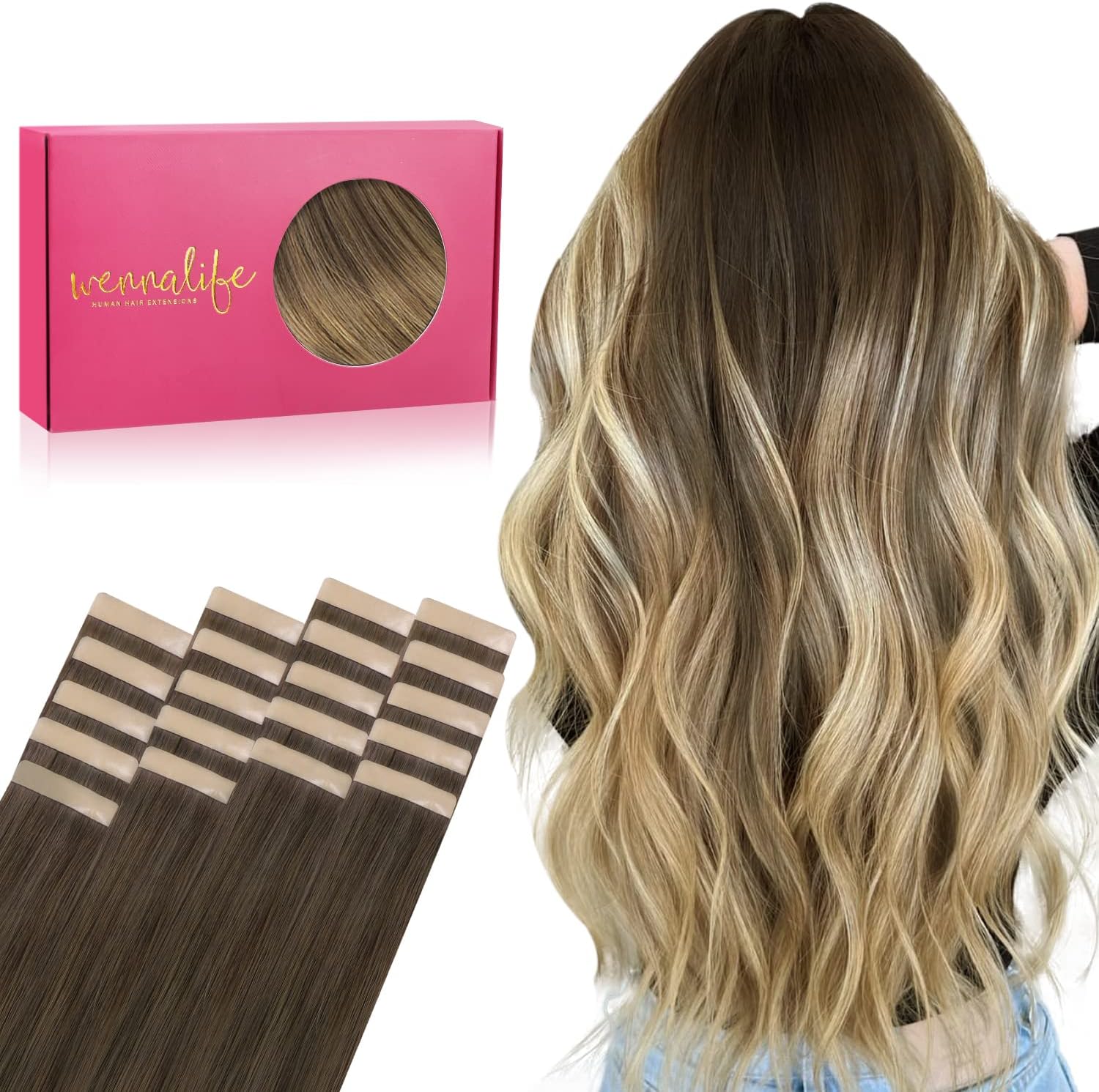 WENNALIFE Extensiones Adhesivas Pelo Natural, 50cm, 50g, 20 Piezas, Ombré Walnuss Braun bis Ash Braun und Bleach Blonde, Extensiones Pelo Remy Cabello Humano