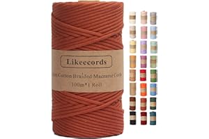 Likeecords Macrame Yarn Braided 3 mm x 100 m, 100% Natural Cotton Cord, Macrame Cord, Macrame Rope, Colourful Craft Cord Made of Cotton for Bags, Wall Hangings, Plant Hangers (Rust Red)