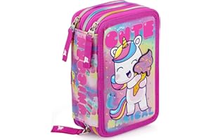 Julian Ross Licorne avec Glace pour Enfant, Étui Triple Rempli 3D Fille, 45 Accessoires pour l'École, 3 Fermetures Éclair, Compartiments Organisés, Crayons de Couleur, Feutres, Colle, Ciseaux