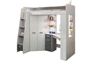 FURNITUREBYJDM High Sleeper Bed with Desk, Wardrobe and Shelves - Space Saving Loft Bed - Furniture Set for Kids (120x204x190 cm) - 80x200 cm Mattress - Left Side Steps - ANTRESOLA (Craft-White/Graphite)