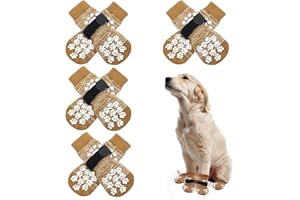 MHDUYEG Chaussettes AntidéRapantes pour Chien, 4 Paires Chaussettes Antidérapantes D'intérieur pour Chiens, Protège-Pattes pour Chiens avec Bandes Fixation Réglables Et Amovibles (Rayures Jaunes, M)