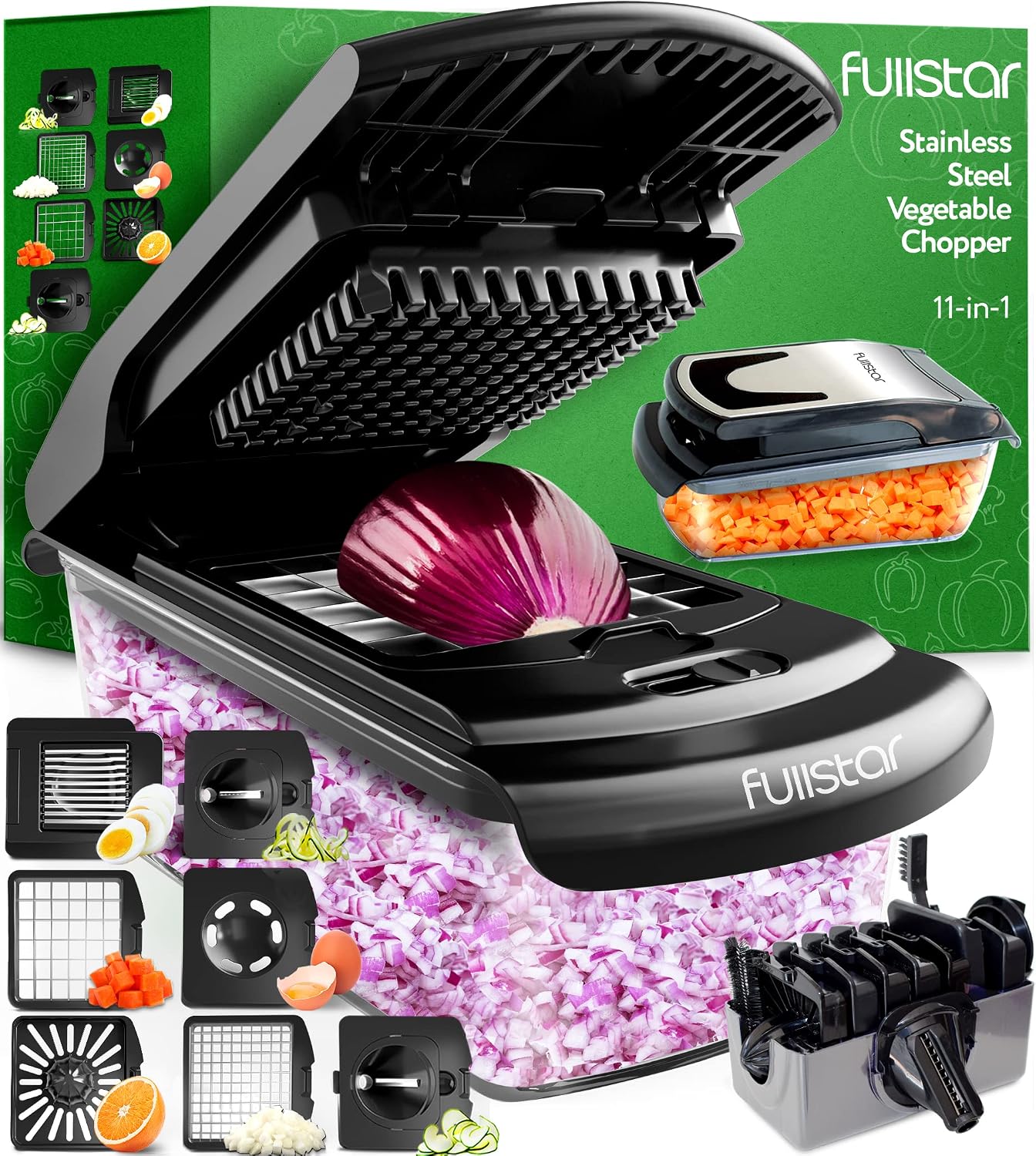 Fullstar Multifuncional Cortador de Verdura y Espiralizador - Picador de Verduras Manual para Cebolla Pepino Patatas Fritas Frutas - Gadgets y Accesorios de Cocina (PRO 9-en-1, Negro)
