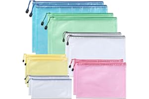 JAAOYOO 12 Pack Plastic Wallets A3 A4 A5 A6 B4 B5 Zip Folders, Waterproof Mesh Document Multi-Size Wallet Zipper File Folders Translucent Zipper Pouches, Zip Bags for Office Homework Puzzles
