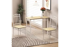 DORAFAIR Dining Room Set with Dining Table and 2 Chairs Beech Wood Grain Dining Table and Chair White Metal Legs for Dining Room Kitchen Living Room