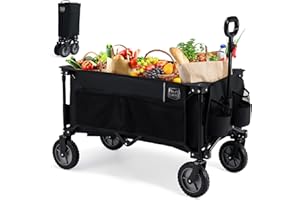 TIMBER RIDGE Festival Trolley on Wheels, 200L Folding Camping Trolley Wagon with Adjustable Handle & Cup Holder, Foldable Heavy Duty Trolley Cart for Outdoor Garden Picnic Shopping, Black