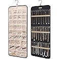 BAGSMART Hanging Jewelry Organizer Storage Roll with Hanger Metal Hooks Double-Sided Jewelry Holder for Earrings, Necklaces, Rings on Closet, Wall, Door, 1 piece, Large, Black